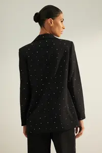 TRENDYOLMİLLA Black Regular Weaving Lined Stone Detailed Blazer Jacket - Image 6