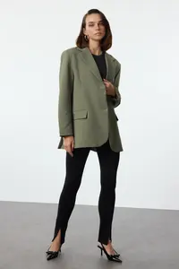 TRENDYOLMİLLA Light Khaki Oversized Weaving Blazer Jacket - Image 4