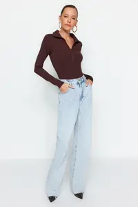 TRENDYOLMİLLA Brown Zipper Collar Detailed Bottom snaps Flexible Knitting Bodysuit .D.00005 - Image 2