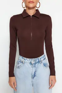 TRENDYOLMİLLA Brown Zipper Collar Detailed Bottom snaps Flexible Knitting Bodysuit .D.00005 - Image 4