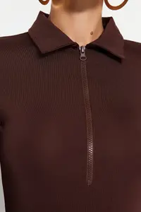 TRENDYOLMİLLA Brown Zipper Collar Detailed Bottom snaps Flexible Knitting Bodysuit .D.00005 - Image 5