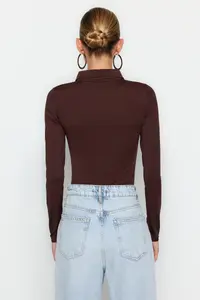 TRENDYOLMİLLA Brown Zipper Collar Detailed Bottom snaps Flexible Knitting Bodysuit .D.00005 - Image 6