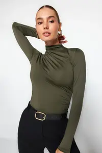 TRENDYOLMİLLA Khaki Ruffle Detailed Dog collar snaps Flexible Knitting Bodysuit .D.00014 - Image 2