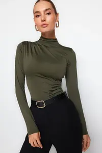 TRENDYOLMİLLA Khaki Ruffle Detailed Dog collar snaps Flexible Knitting Bodysuit .D.00014 - Image 3