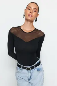 TRENDYOLMİLLA Black slim Tulle Detailed Heart Collar Bottom snaps Ribbed Flexible Knitting Bodysuit .D.00019 - Image 2