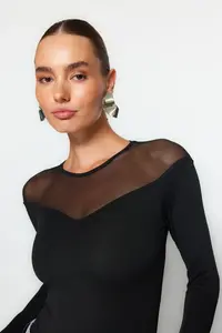 TRENDYOLMİLLA Black slim Tulle Detailed Heart Collar Bottom snaps Ribbed Flexible Knitting Bodysuit .D.00019 - Image 3