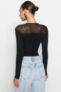 TRENDYOLMİLLA Black slim Tulle Detailed Heart Collar Bottom snaps Ribbed Flexible Knitting Bodysuit .D.00019 - Image 5