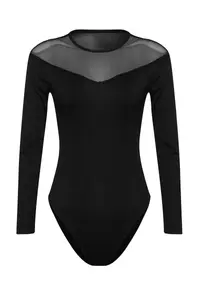 TRENDYOLMİLLA Black slim Tulle Detailed Heart Collar Bottom snaps Ribbed Flexible Knitting Bodysuit .D.00019 - Image 6