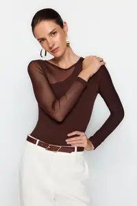 TRENDYOLMİLLA Brown Tulle Detailed snaps Flexible Knitting Bodysuit .D.00021 - Image 2