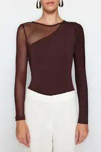TRENDYOLMİLLA Brown Tulle Detailed snaps Flexible Knitting Bodysuit .D.00021 - Image 3