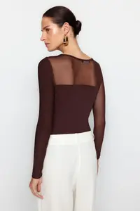 TRENDYOLMİLLA Brown Tulle Detailed snaps Flexible Knitting Bodysuit .D.00021 - Image 5