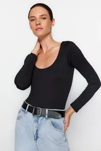 TRENDYOLMİLLA Black slim snaps Cowl Neck Long Sleeve Soft Fabric Flexible Knitting Bodysuit .D.00031
