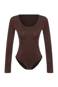 TRENDYOLMİLLA Brown Antique/Faded Effect Cotton Long Sleeve Flexible snaps Knitting Bodysuit .D.00044 - Image 7