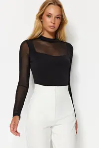 TRENDYOLMİLLA Black slim Tulle Detailed Long Sleeve Dog collar Flexible Knitting Bodysuit .D.00049