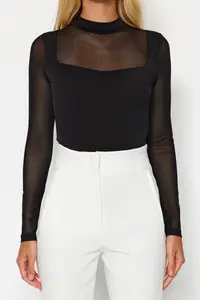 TRENDYOLMİLLA Black slim Tulle Detailed Long Sleeve Dog collar Flexible Knitting Bodysuit .D.00049 - Image 4