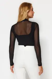 TRENDYOLMİLLA Black slim Tulle Detailed Long Sleeve Dog collar Flexible Knitting Bodysuit .D.00049 - Image 5