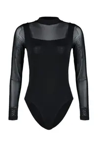 TRENDYOLMİLLA Black slim Tulle Detailed Long Sleeve Dog collar Flexible Knitting Bodysuit .D.00049 - Image 6