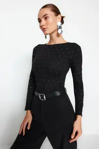 TRENDYOLMİLLA Black Shiny Stone Printed Cotton Long Sleeve Flexible Bottom snaps Knitting Bodysuit .D.00059 - Image 2