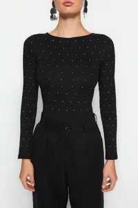 TRENDYOLMİLLA Black Shiny Stone Printed Cotton Long Sleeve Flexible Bottom snaps Knitting Bodysuit .D.00059 - Image 3