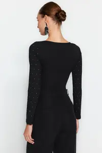 TRENDYOLMİLLA Black Shiny Stone Printed Cotton Long Sleeve Flexible Bottom snaps Knitting Bodysuit .D.00059 - Image 5