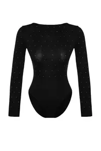 TRENDYOLMİLLA Black Shiny Stone Printed Cotton Long Sleeve Flexible Bottom snaps Knitting Bodysuit .D.00059 - Image 6
