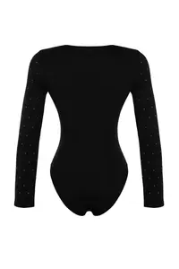 TRENDYOLMİLLA Black Shiny Stone Printed Cotton Long Sleeve Flexible Bottom snaps Knitting Bodysuit .D.00059 - Image 7
