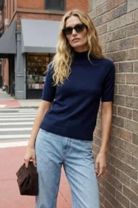 TRENDYOLMİLLA Navy Blue Mercerized Look Premium Yarn/Special Yarn Basic Thin Knitwear Blouse
