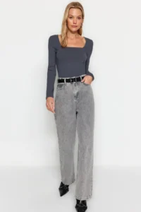 TRENDYOLMİLLA Anthracite Cotton Square Neck Regular Fit Knitting Blouse - Image 2