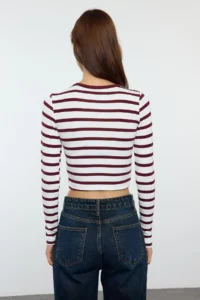 TRENDYOLMİLLA Burgundy Striped Viscous Soft Fabric Fitted Crop Flexible Knitting Blouse - Image 5