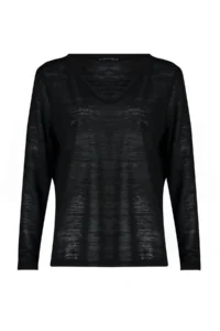TRENDYOLMİLLA Black V-neck linen look Long Sleeve Regular/Normal Pattern Knitting Blouse - Image 7