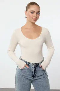 TRENDYOLMİLLA Navy Blue-Stone 2 Sets Package V-neck Fitted Cotton Flexible Knitting Blouse - Image 4