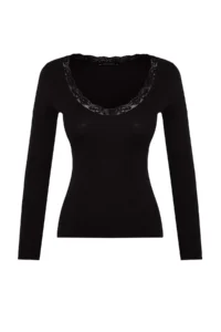 TRENDYOLMİLLA Black V-neck Lace Detailed Ribbed Fitted Cotton Flexible Knitting Blouse - Image 6