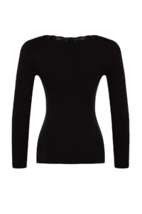 TRENDYOLMİLLA Black V-neck Lace Detailed Ribbed Fitted Cotton Flexible Knitting Blouse - Image 8