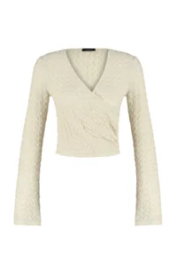 TRENDYOLMİLLA Beige textured Material Double breasted Yaka Regular/Normal Pattern Crop Knitting Blouse - Image 6