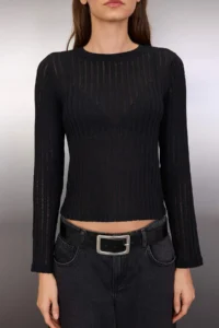 TRENDYOLMİLLA Black Transparan Knitwear look Material Regular Size Crew Neck Knitting Blouse - Image 3