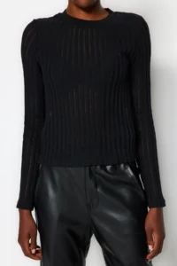 TRENDYOLMİLLA Black Transparan Knitwear look Material Regular Size Crew Neck Knitting Blouse - Image 8