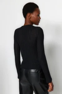 TRENDYOLMİLLA Black Transparan Knitwear look Material Regular Size Crew Neck Knitting Blouse - Image 9