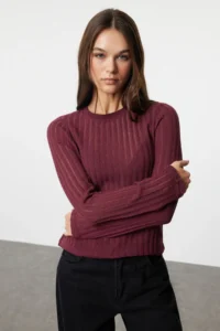 TRENDYOLMİLLA Burgundy Transparan Knitwear look Material Regular Size Crew Neck Knitting Blouse