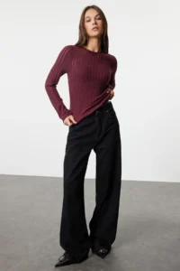TRENDYOLMİLLA Burgundy Transparan Knitwear look Material Regular Size Crew Neck Knitting Blouse - Image 2