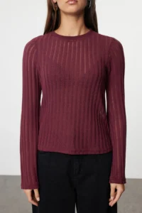 TRENDYOLMİLLA Burgundy Transparan Knitwear look Material Regular Size Crew Neck Knitting Blouse - Image 3
