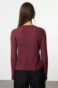 TRENDYOLMİLLA Burgundy Transparan Knitwear look Material Regular Size Crew Neck Knitting Blouse - Image 5