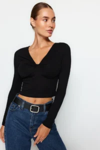 TRENDYOLMİLLA Black Cotton Shirred Fitted Regular Size Knitting Blouse - Image 2