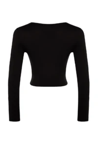 TRENDYOLMİLLA Black Cotton Shirred Fitted Regular Size Knitting Blouse - Image 8
