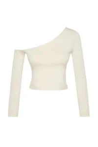 TRENDYOLMİLLA Stone One Shoulder Cotton Flexible Fitted Crop Knitting Blouse - Image 8