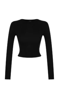 TRENDYOLMİLLA Black Soft Fabric Viscose Crew Neck Crop Flexible Knitting Blouse - Image 7