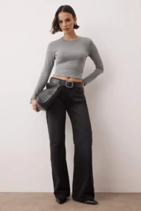 TRENDYOLMİLLA Gray Melanj Viscose Crew Neck Crop Flexible Knitting Blouse - Image 2