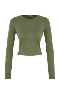 TRENDYOLMİLLA Khaki Viscose Crew Neck Crop Flexible Knitting Blouse - Image 6