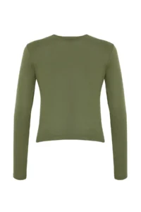 TRENDYOLMİLLA Khaki Viscose Crew Neck Crop Flexible Knitting Blouse - Image 7