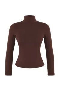 TRENDYOLMİLLA Brown Soft Fabric Turtleneck Fitted Flexible Knitting Blouse - Image 5