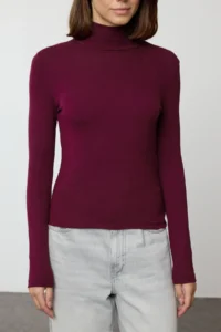 TRENDYOLMİLLA Burgundy Soft Fabric Turtleneck Fitted Flexible Knitting Blouse - Image 4
